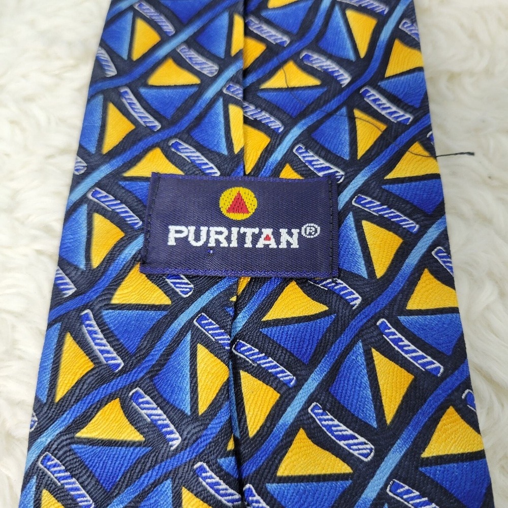 Vintage 90's Silk Necktie Men's Foulard Fence Patrern Blue & Yellow Geometric - Picture 5 of 8